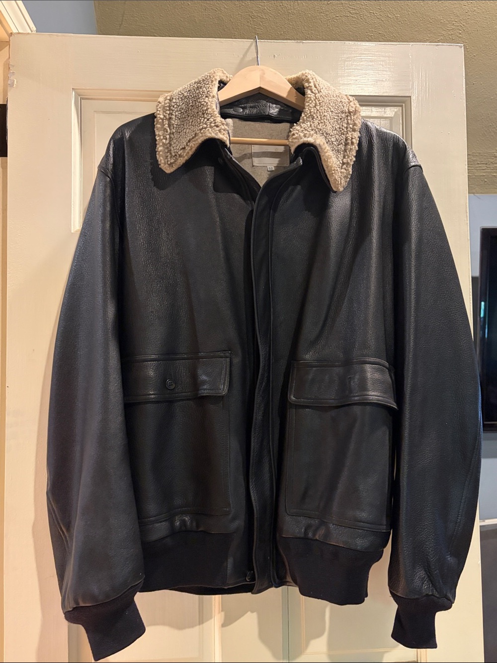 Men's Leather Bomber Jacket with removable  Shearling Collar